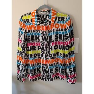 Alice + Olivia Willa Silk Blouse Feminism Empowerment Print White Black Size M